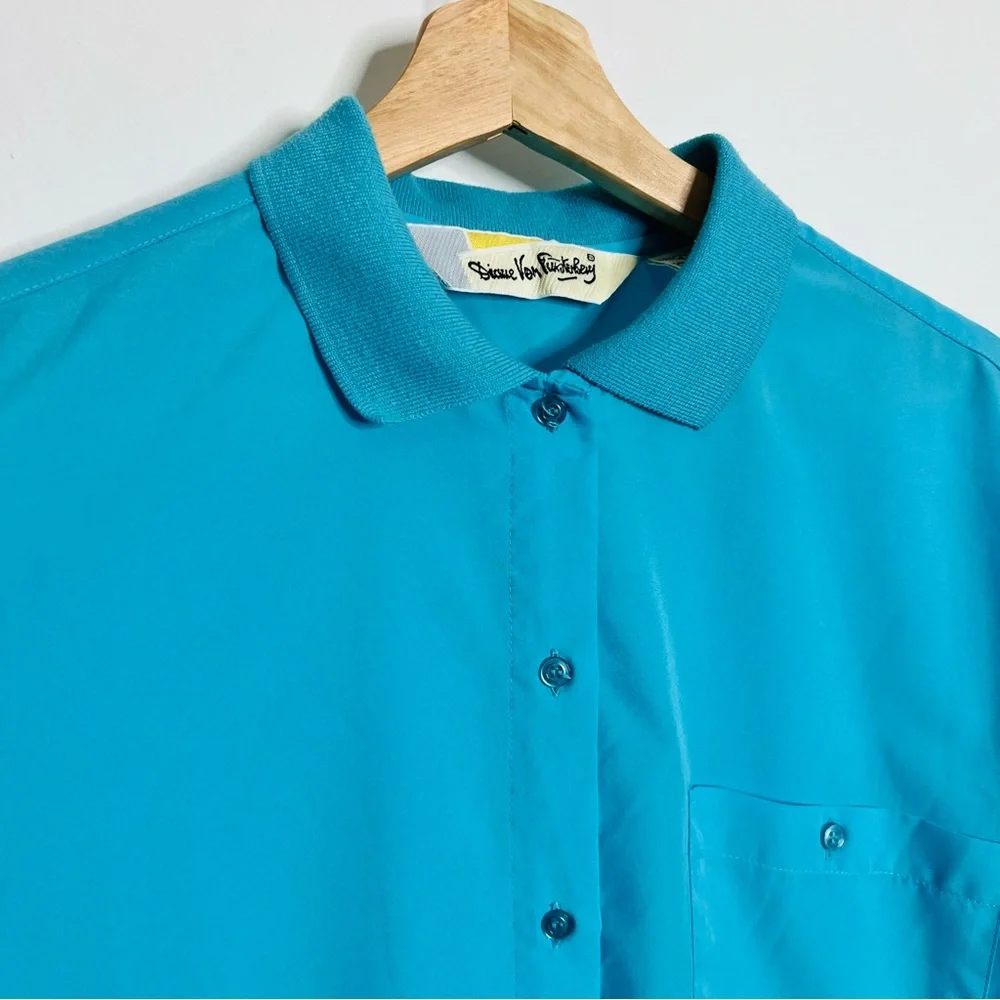 Vintage 80s Diane von Furstenberg Turquoise Blouse with Knit / Woven Collar - Picture 6 of 14